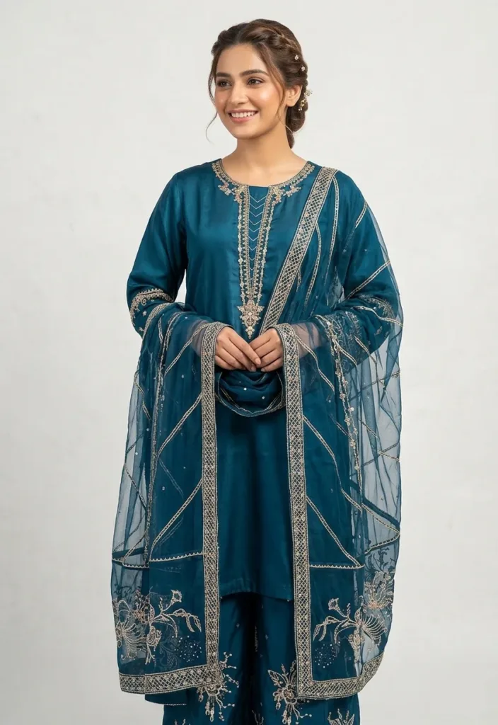 Festive Embellished Silk 3-Piece Set – Zinc