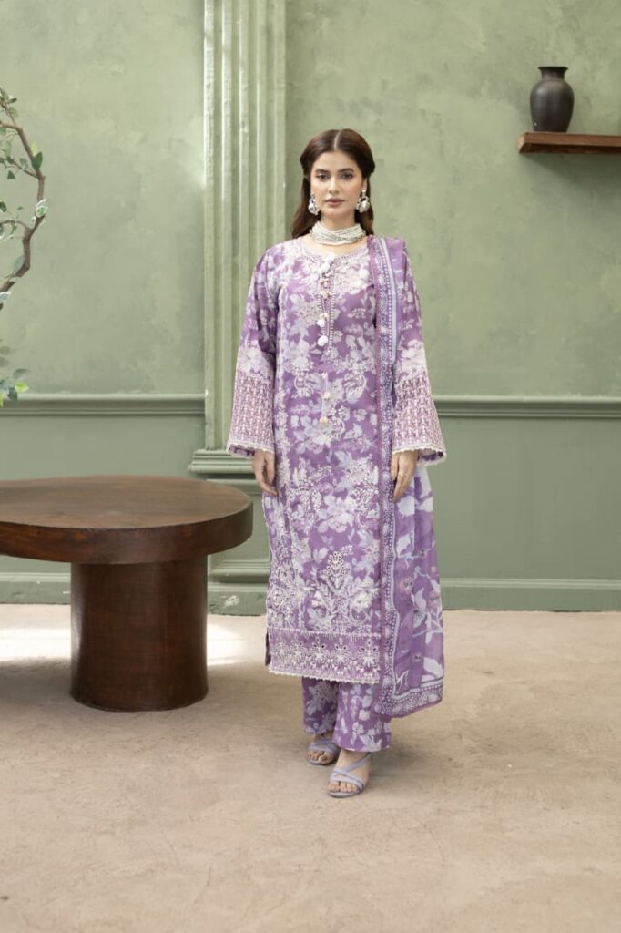 Purple Premium Embroidered Soft Lawn 3-Piece Suit