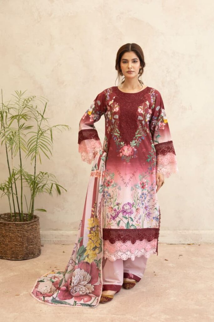 Maroon Premium Embroidered Soft Lawn 3-Piece Suit