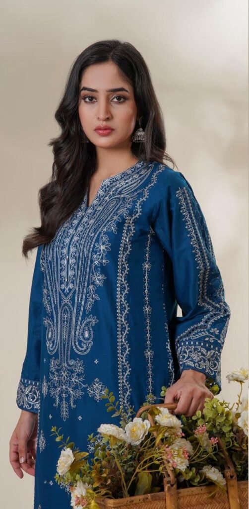 Blue Premium Embroidered Stitched Lawn 2-Piece Suit