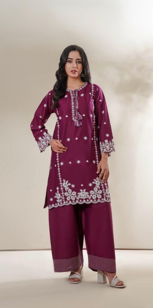 Maroon Premium Embroidered Stitched Lawn 2-Piece Suit