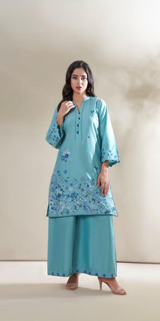 Light Blue Premium Embroidered Stitched Lawn 2-Piece Suit
