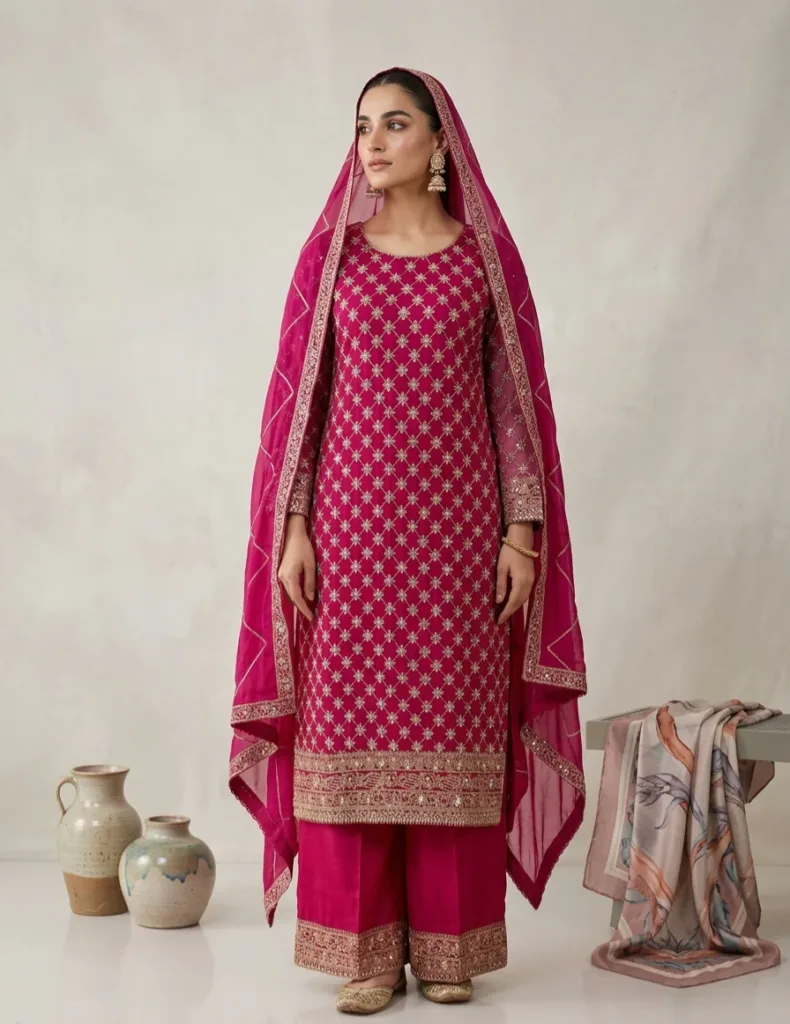 Festive Embellished Chiffon 3-Piece Set – Hot Pink
