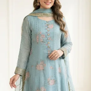 Festive Embroidered Pishwas 3-Piece Set – Ice Blue