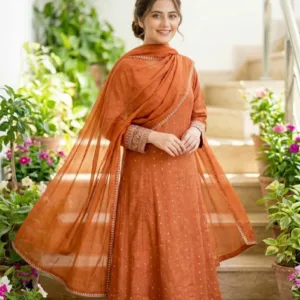 Festive Embroidered Silk Pishwas 3-Piece Set – Rust Orange