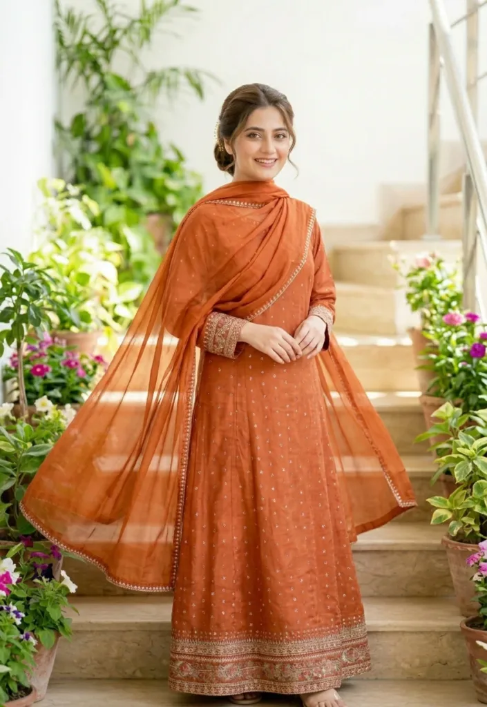 Festive Embroidered Silk Pishwas 3-Piece Set – Rust Orange