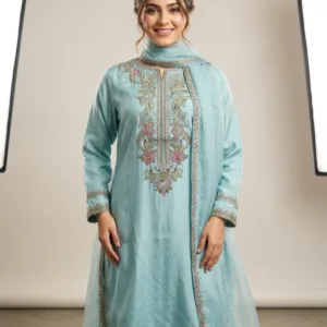 Festive Embroidered Silk 3-Piece Set – Aqua Ice Blue