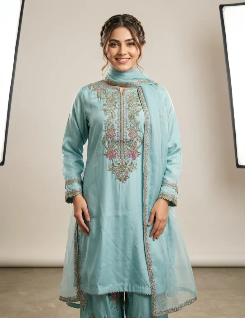 Festive Embroidered Silk 3-Piece Set – Aqua Ice Blue