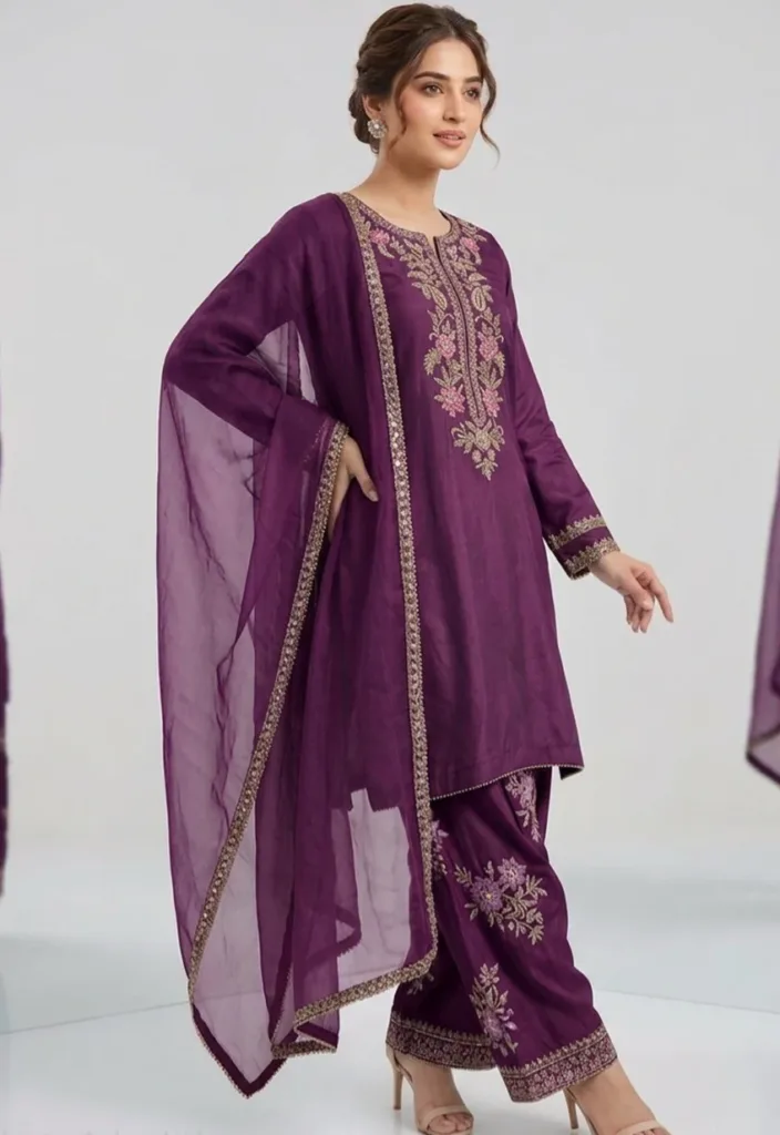 Festive Adda Work Silk 3-Piece Set – Plum