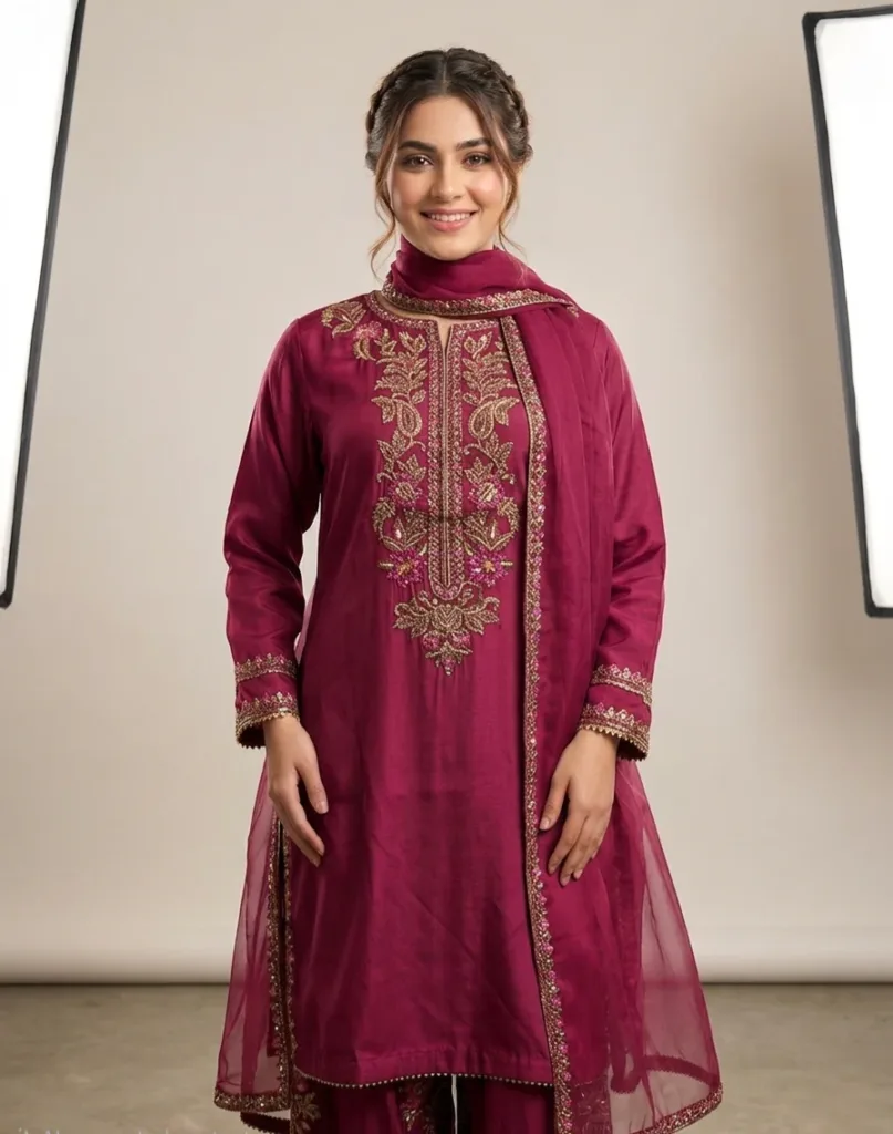 Festive Embroidered Silk 3-Piece Set – Shocking Pink