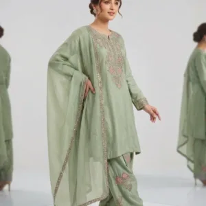 Festive Embroidered Silk 3-Piece Set – Sea Green