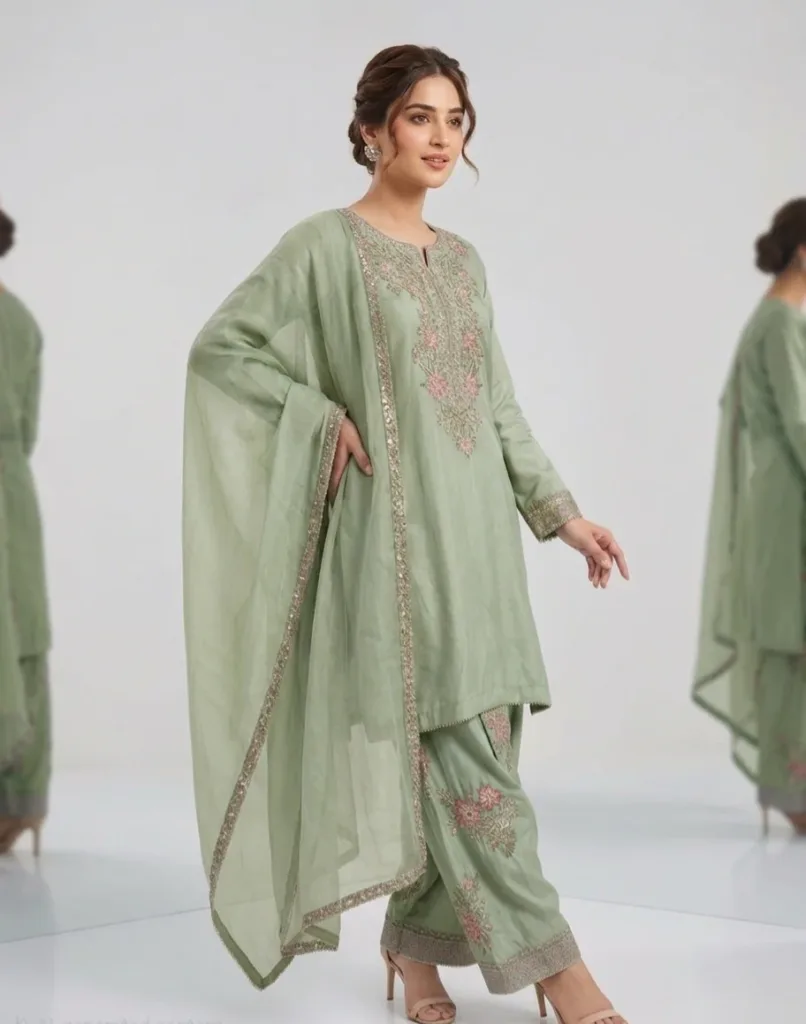Festive Embroidered Silk 3-Piece Set – Sea Green