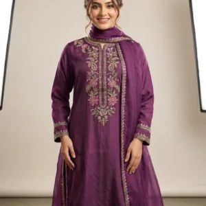 Festive Embroidered Silk 3-Piece Set – Plum