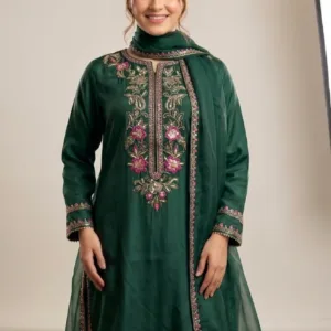Festive Embroidered Silk 3-Piece Set – Bottle Green