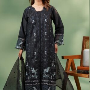 Premium Embroidered Stitched Lawn 3-Piece Suit – Black