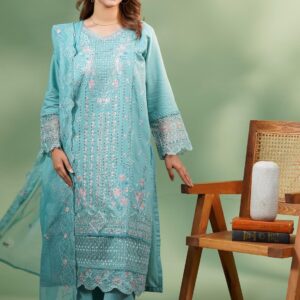 Premium Embroidered Stitched Lawn 3-Piece Suit – Light Blue