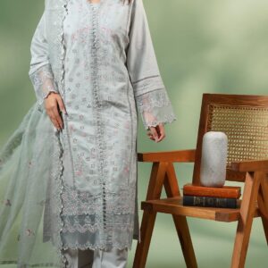 Premium Embroidered Stitched Lawn 3-Piece Suit – Light Green