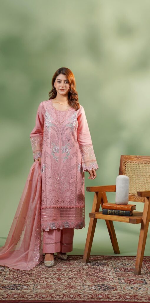 Premium Embroidered Stitched Lawn 3-Piece Suit – Light Pink
