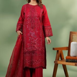 Premium Embroidered Stitched Lawn 3-Piece Suit – Red