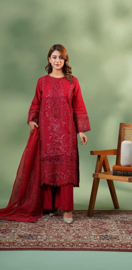 Premium Embroidered Stitched Lawn 3-Piece Suit – Red