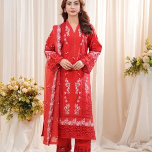 Coral Red Embroidered 3-Piece Suit